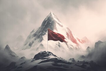 mountain peak enveloped in mist, with red flag waving in the breeze, created with generative ai