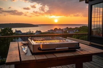 portble grill on a wooden deck, with a view of the sunset, created with generative ai