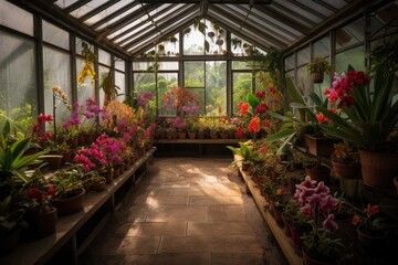 Fototapeta na wymiar greenhouse filled with colorful orchids and bromeliads, created with generative ai