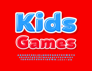 Vector playful emblem Kids Games. Blue funny Font. Set of creative Alphabet Letters, Numbers and Symbols