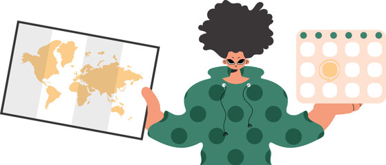 The individual holds a calendar and a chart of the world in his hands. Compelled on white establishment. Trendy style, Vector Illustration