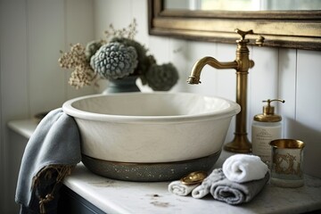 round white wash basin with vintage brass mixer tap and cotton towel, created with generative ai