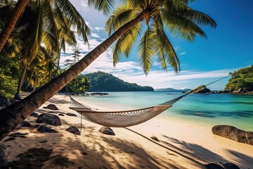 Obraz na płótnie Canvas Perfect tropical paradise beach of seychelles island with palm trees and hammock