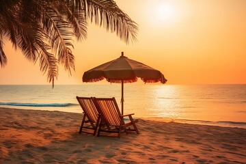 Two Deckchairs Under Parasol In Tropical Beach At Sunset