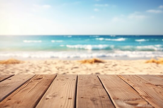 Empty Wooden Planks With Blur Beach And Sea On background