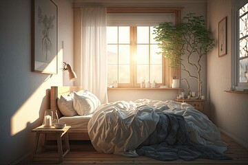 serene bedroom with warm, natural sunlight, casting peaceful and relaxing atmosphere, created with generative ai