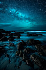 Beautiful sea night landscape with glowing stars in the sky. Nature. Selective focus. Generative AI