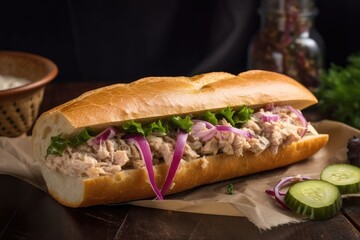 tuna salad sandwich on chewy baguette with pickles and red onion, created with generative ai