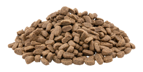 A slide of dry dog food on a white background. Food for dogs and cats in granules