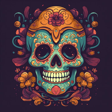 Day of the dead, Dia de los moertos, banner with colorful Mexican flowers. Fiesta, holiday poster, party flyer, funny greeting card. generative ai