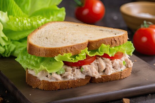 tuna salad sandwich on fluffy white bread with lettuce and tomato, created with generative ai