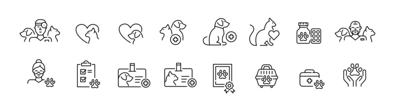 Pet healthcare. Veterinary clinic. Pixel perfect, editable stroke icons