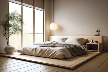 minimalist bedroom with tatami mat flooring and natural linens, created with generative ai