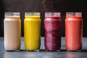 four smoothies and shakes of different colors, textures, and flavors, created with generative ai