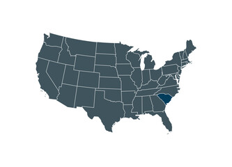 Map of South Carolina
 on USA map. Map of South Carolina
 highlighting the boundaries of the state of South Carolina
 on the map of the United States of America.