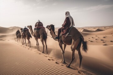 nomadic tribe traveling by camel on desert sands, created with generative ai