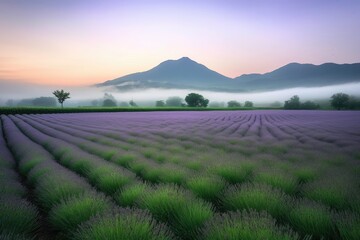 Fototapeta na wymiar lavender field swathed in misty fog, with mountains in the background, created with generative ai