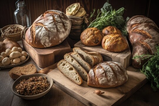 variety of artisan breads on wooden board, created with generative ai