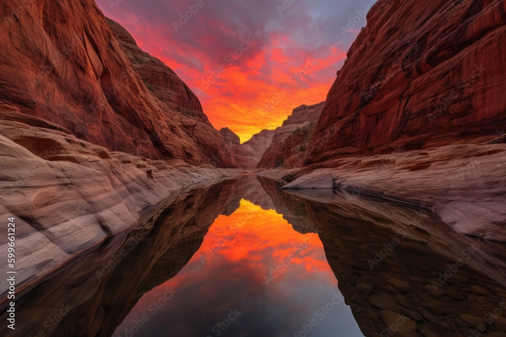 Poster majestic canyon with fiery sunset, reflecting off the water and rocks, created with generative ai