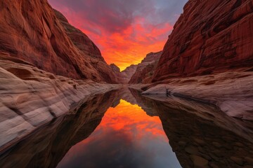 majestic canyon with fiery sunset, reflecting off the water and rocks, created with generative ai
