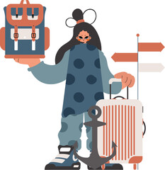 The youthful woman is holding a travel rucksack and a pack. Detached on white establishment. Trendy style, Vector Illustration