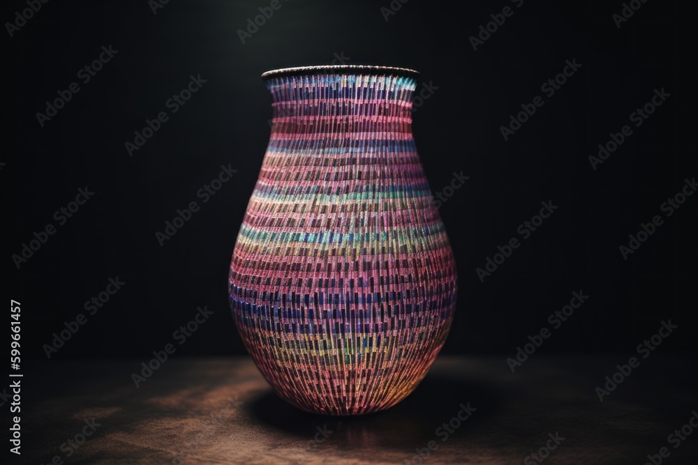 Poster a colorful vase sitting on top of a table. generative ai image.