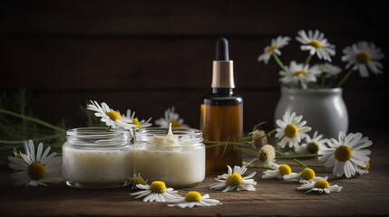 Composition with skin care products and chamomile flowers on wooden table. AI Generative