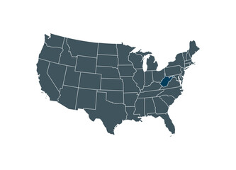 Map of Virginia on USA map. Map of Virginia highlighting the boundaries of the state of Virginia on the map of the United States of America.