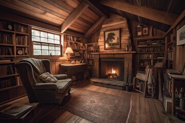 cozy cabin retreat with fireplace, bookcase, and armchair for reading, created with generative ai