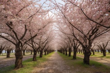 Fototapeta na wymiar cherry blossom garden, with rows of cherry trees in full bloom, created with generative ai