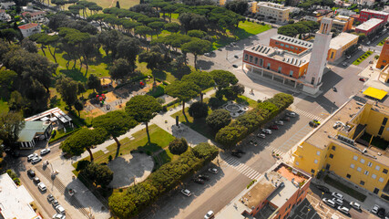 Aerial view of the main square and the civic tower in the historic center of Sabaudia, in the province of Latina, Italy.