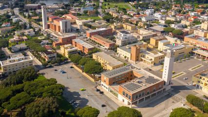 Aerial view of the main square, the civic tower and church of the Santissima Annunziata in the...
