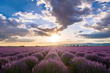 Fototapeta na wymiar lavender field blooming in the sunlight, with dramatic sky in the background, created with generative ai