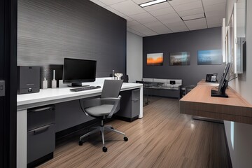 Fototapeta na wymiar updated workspace with sleek furniture and modern technology, created with generative ai