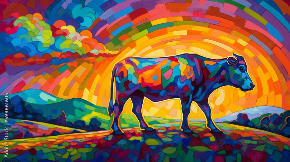 Canvas Prints Cow and rainbow background Generative AI 