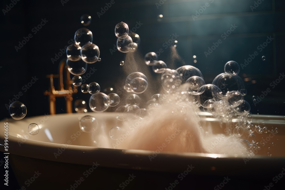 Sticker close-up of a bubble bath, overflowing with bubbles and steam, created with generative ai