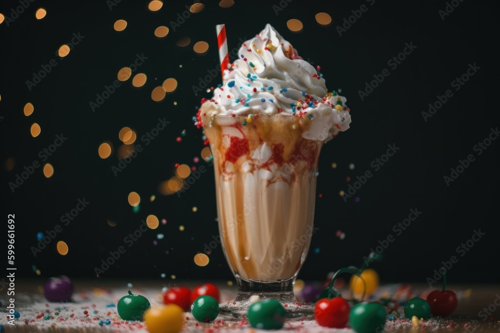 Poster an ice cream sundae with sprinkles and candy. generative ai image.