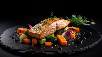 Grilled Salmon and Veggies on a Black Stone Platter, The Perfect Dish for a Sophisticated Dinner. AI Generative