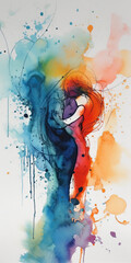 Abstract colorful watercolor of the sleeplessness from Love and Passion with people together - Generative AI  - obrazy, fototapety, plakaty