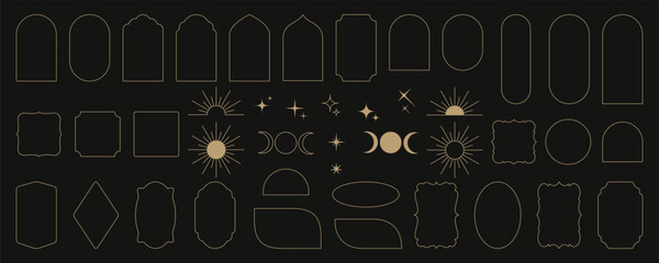 Set of minimalistic linear arch frames in modern minimalist Y2k aesthetic style. Abstract vector design line elements - sun, moon, star, sparkle, geometric form for banner, social media, poster.