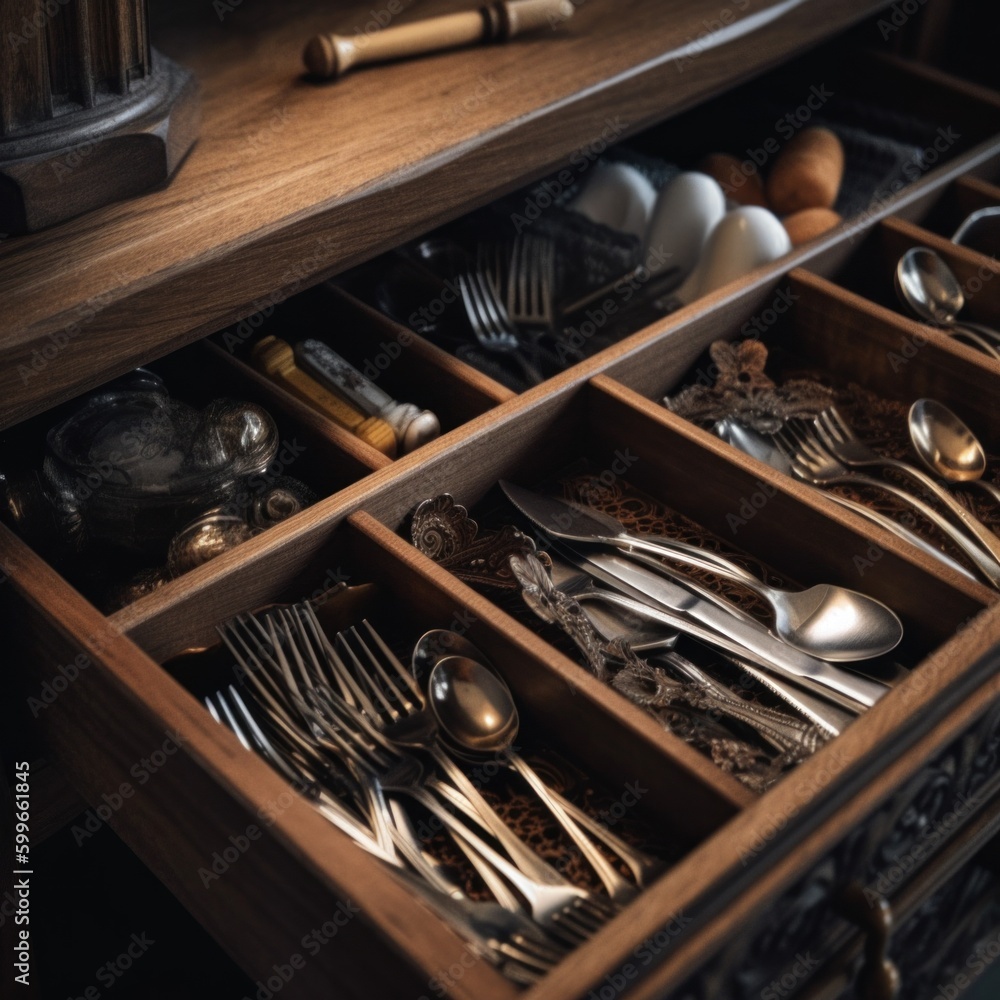 Poster a drawer filled with lots of silverware. generative ai image.