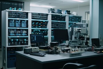 high-tech lab with iot sensors and monitoring equipment testing the capabilities of new technology, created with generative ai
