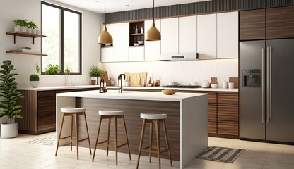 Modern kitchen interior with kitchen created with Generative Ai technology