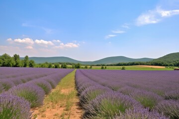 lavender field with view of rolling hills and clear blue sky, created with generative ai