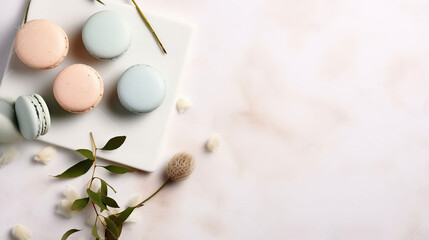 Stylish composition of French macarons eucalyptus & cotton boll on white stucco plaster textured table. Happy valentine Birthday spring present. Copy text space, AI Generative