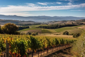 Naklejka premium vineyard with rolling hills and distant mountain ranges in the background, created with generative ai