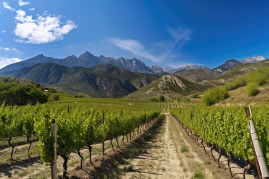 vineyard surrounded by mountains and blue skies, created with generative ai