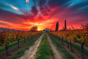 Naklejka premium vineyard in the evening, with sunset sky and vibrant colors, created with generative ai
