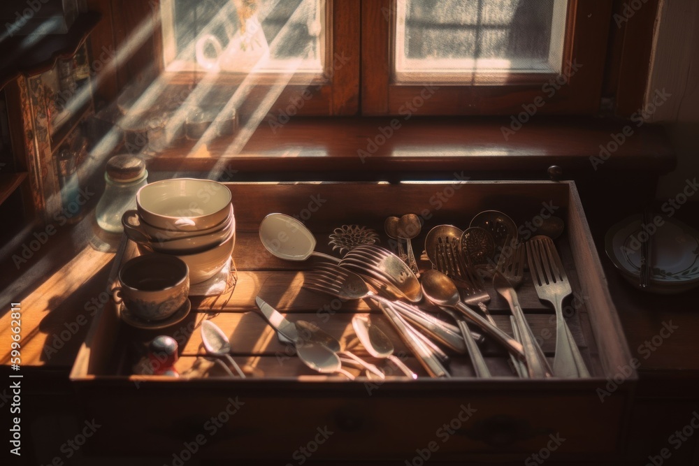 Poster a drawer filled with silverware and utensils. generative ai image.