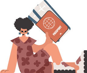 ﻿The energized woman holds a visa and exchange for the preeminent passed on tickets in his hands. Kept on white establishment. Trendy style, Vector Illustration